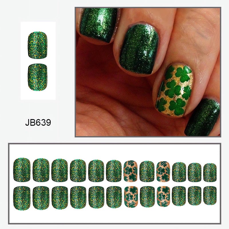 SINSEN St. Patrick’s Day Press on Nails Short, Glossy Green Shamrock Square Fake Nails, St. Patrick’s False Nails with Full Cover Green Glitter Designs, Lucky Clover Glue on Nails for Women 24PCS - Image 3